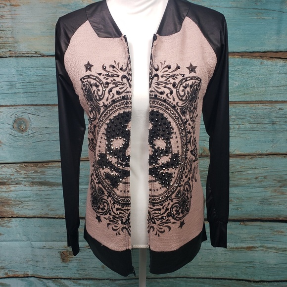 VOCAL Bomber Biker Jacket Bling Skull & Cross M - Picture 3 of 8